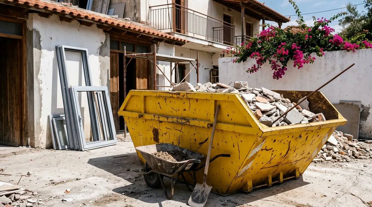 Κίτρινος κάδος μπαζών γεμάτος σπασμένα πλακάκια σε αυλή σπιτιού υπό ανακαίνιση