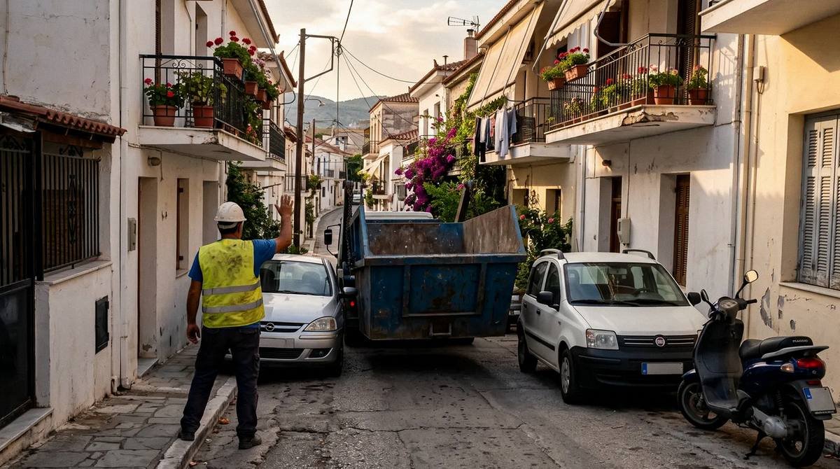 Τοποθέτηση κάδου μπαζών σε στενό δρόμο με τη βοήθεια εργαζόμενου